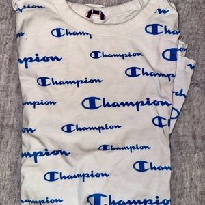 Champion White Short-Sleeve Tee with Blue Logo Print